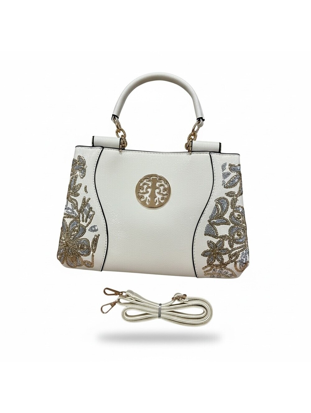White Handbag with Gold and Silver Sequin Floral Design